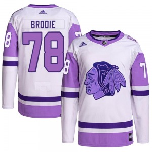 Youth Authentic Chicago Blackhawks TJ Brodie White/Purple Hockey Fights Cancer Primegreen Official Adidas Jersey