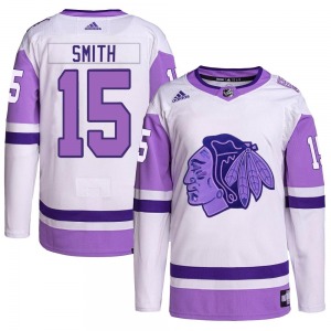 Youth Authentic Chicago Blackhawks Craig Smith White/Purple Hockey Fights Cancer Primegreen Official Adidas Jersey