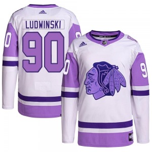 Youth Authentic Chicago Blackhawks Paul Ludwinski White/Purple Hockey Fights Cancer Primegreen Official Adidas Jersey