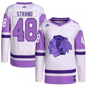 Youth Authentic Chicago Blackhawks Austin Strand White/Purple Hockey Fights Cancer Primegreen Official Adidas Jersey