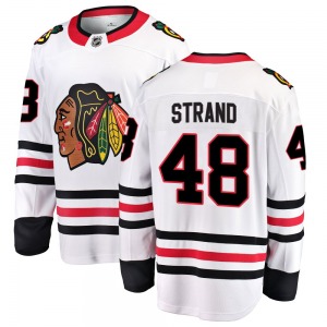 Adult Breakaway Chicago Blackhawks Austin Strand White Away Official Fanatics Branded Jersey