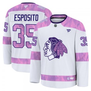 Adult Premium Chicago Blackhawks Tony Esposito White 2024 Hockey Fights Cancer Practice Official Fanatics Jersey